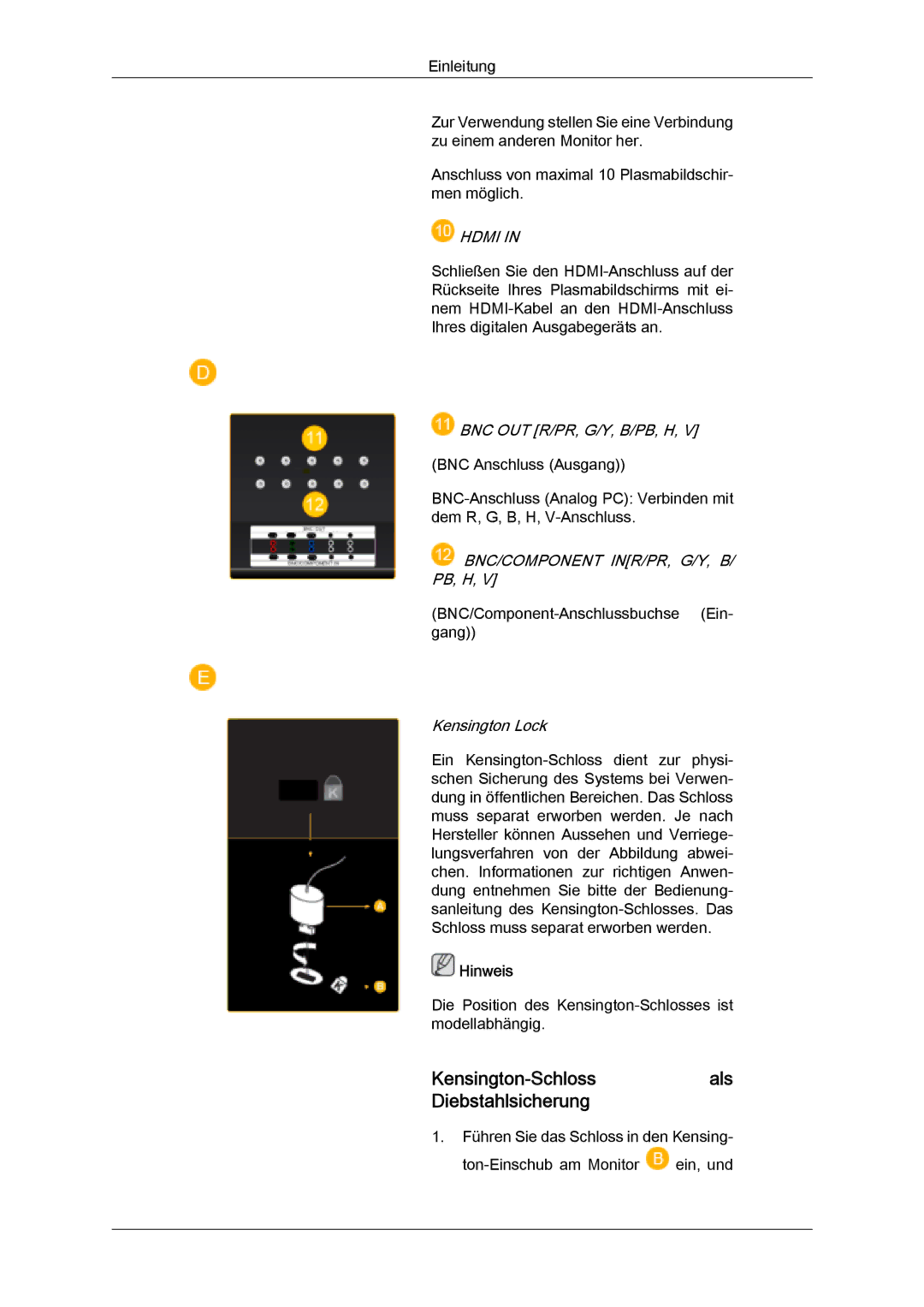 Samsung PH63KPFLBF/EN, PH50KPFLBF/EN, PH50KPPLBF/EN manual Kensington-Schlossals Diebstahlsicherung, Hdmi 