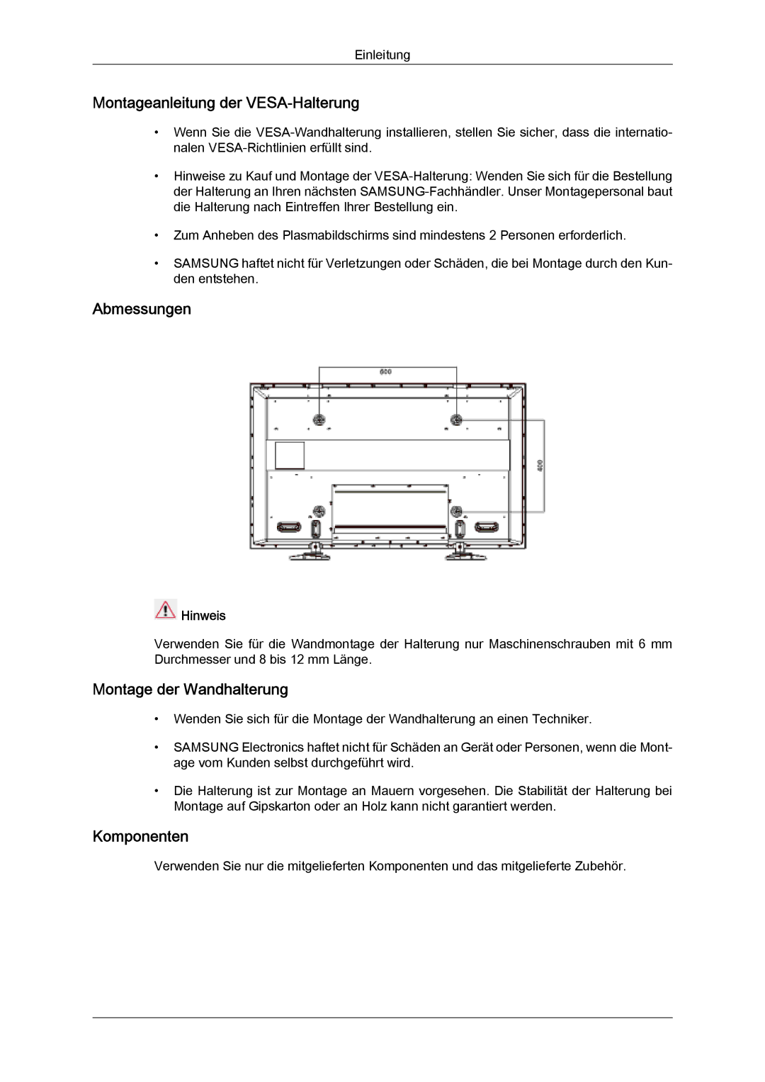 Samsung PH63KPFLBF/EN manual Montageanleitung der VESA-Halterung, Abmessungen, Montage der Wandhalterung, Komponenten 