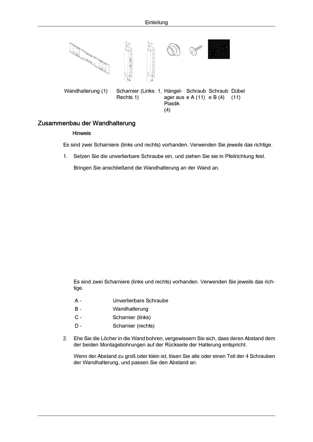 Samsung PH50KPFLBF/EN, PH63KPFLBF/EN, PH50KPPLBF/EN manual Zusammenbau der Wandhalterung 