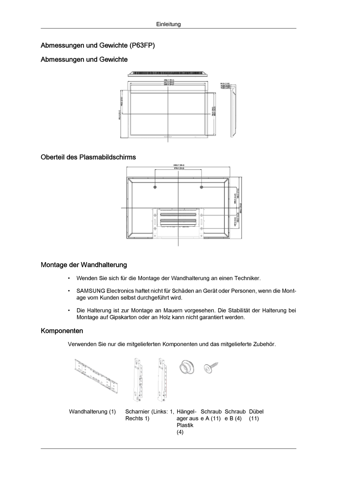 Samsung PH50KPPLBF/EN, PH63KPFLBF/EN, PH50KPFLBF/EN manual Komponenten 