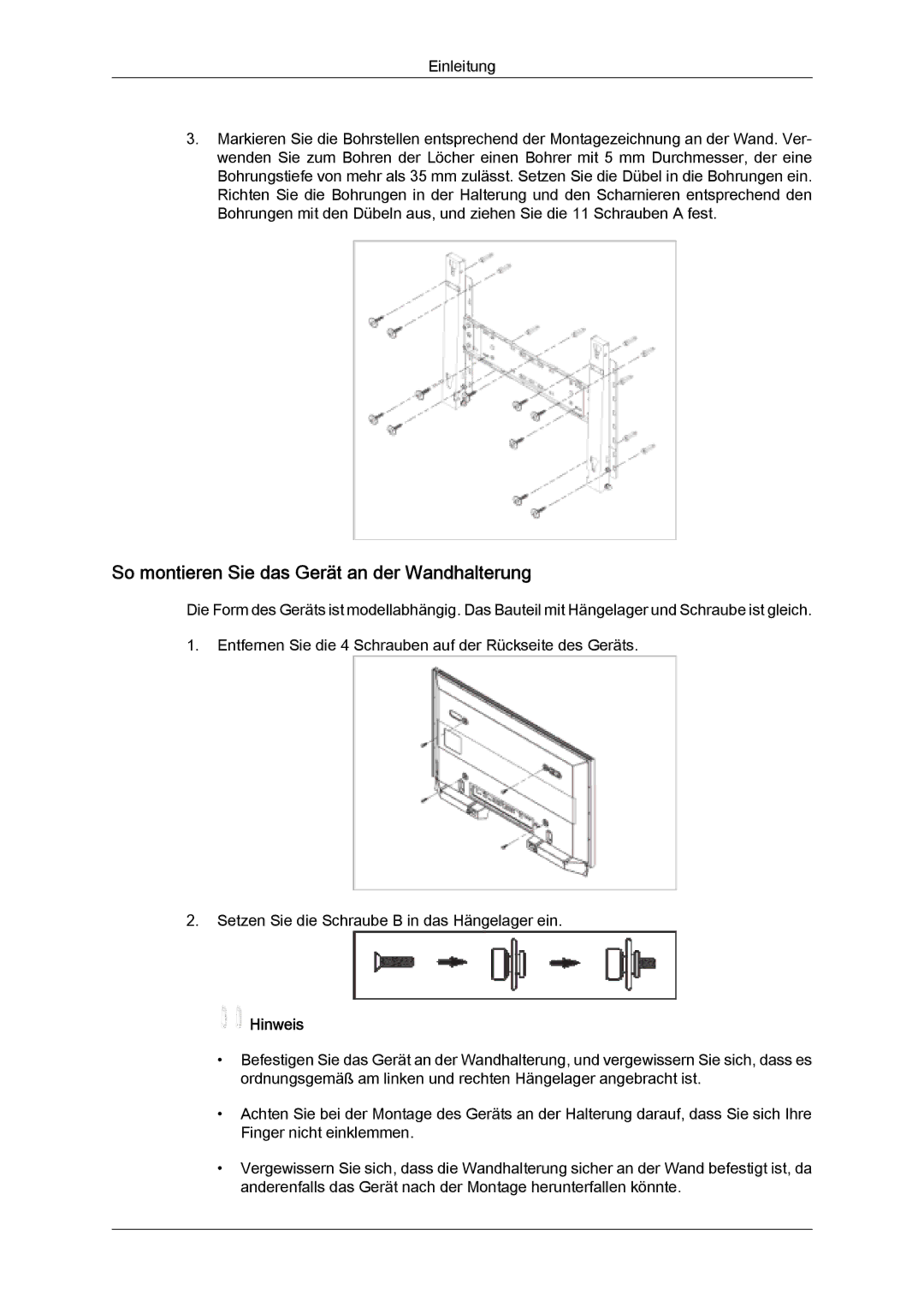 Samsung PH50KPFLBF/EN, PH63KPFLBF/EN, PH50KPPLBF/EN manual So montieren Sie das Gerät an der Wandhalterung 