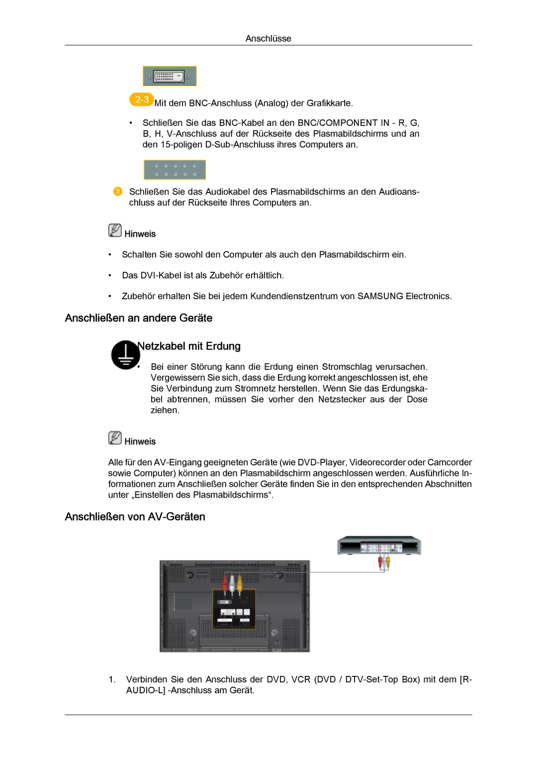 Samsung PH50KPPLBF/EN, PH63KPFLBF/EN manual Anschließen an andere Geräte Netzkabel mit Erdung, Anschließen von AV-Geräten 