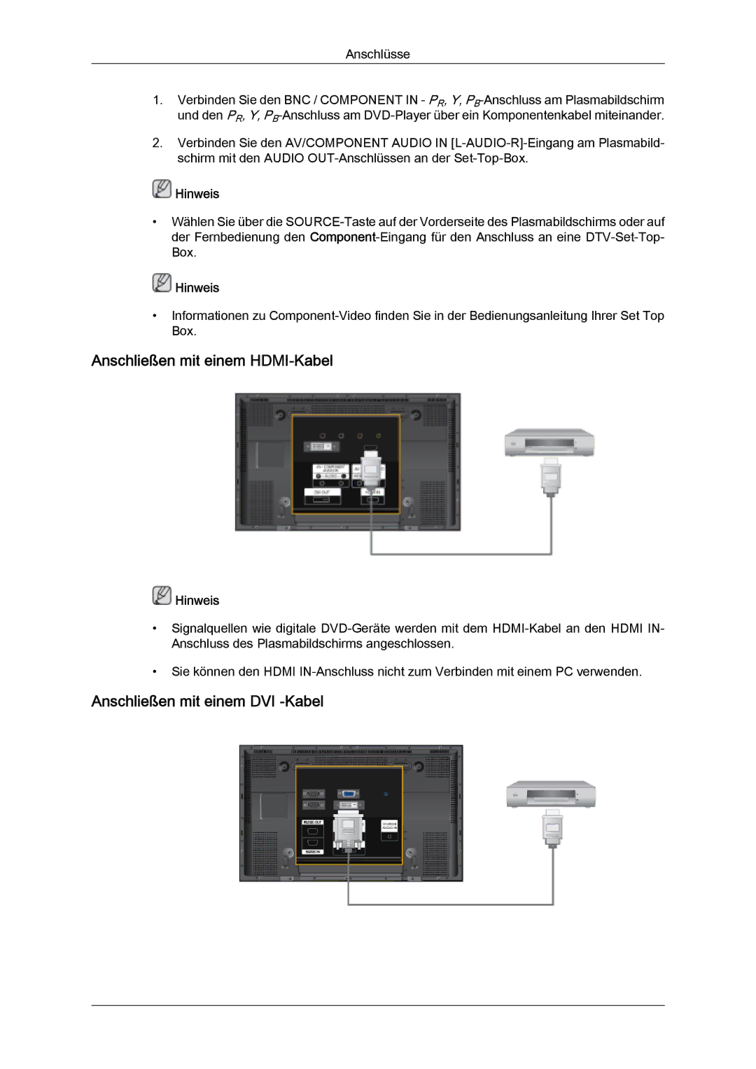 Samsung PH50KPPLBF/EN, PH63KPFLBF/EN, PH50KPFLBF/EN manual Anschließen mit einem HDMI-Kabel, Anschließen mit einem DVI -Kabel 