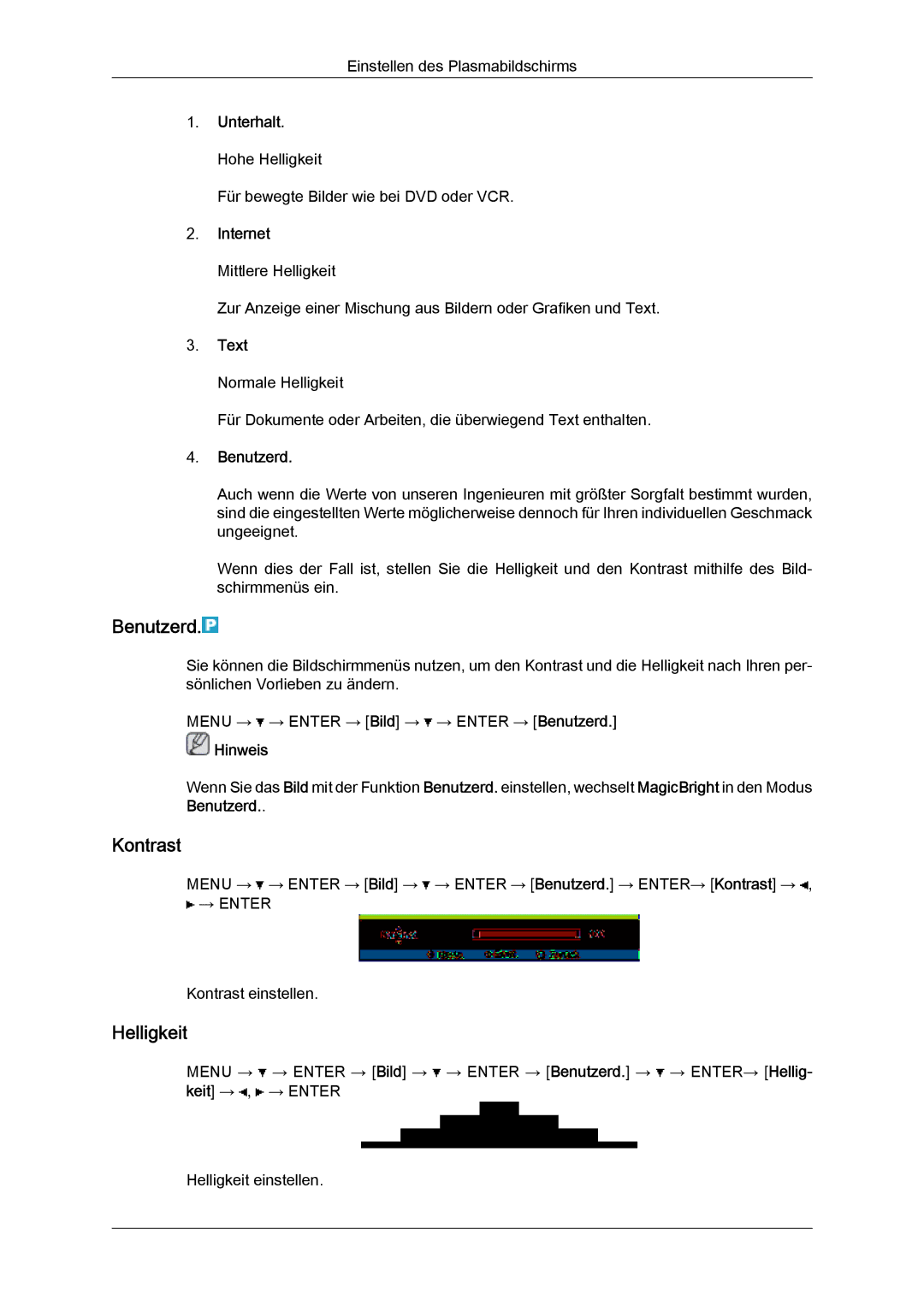 Samsung PH50KPFLBF/EN, PH63KPFLBF/EN, PH50KPPLBF/EN manual Benutzerd, Kontrast, Helligkeit 