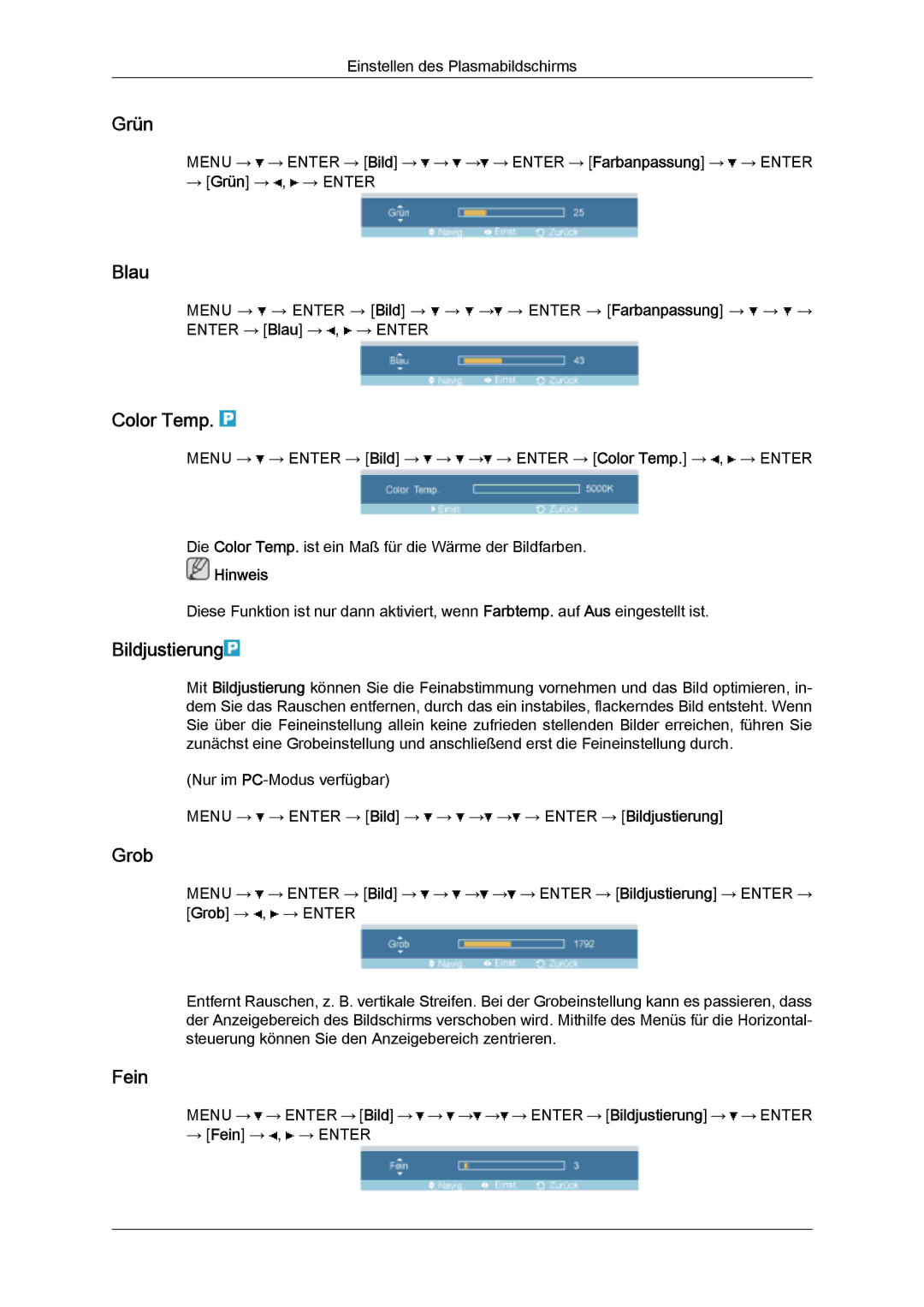 Samsung PH63KPFLBF/EN, PH50KPFLBF/EN, PH50KPPLBF/EN manual Grün, Blau, Color Temp, Bildjustierung, Grob, Fein 
