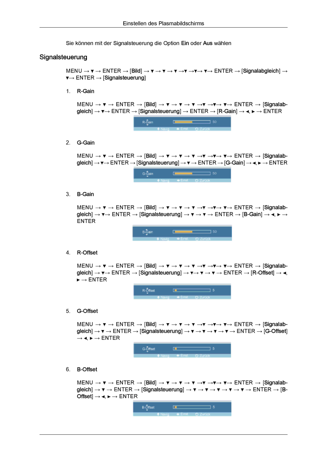 Samsung PH50KPPLBF/EN, PH63KPFLBF/EN, PH50KPFLBF/EN manual Signalsteuerung, Gain, Offset 