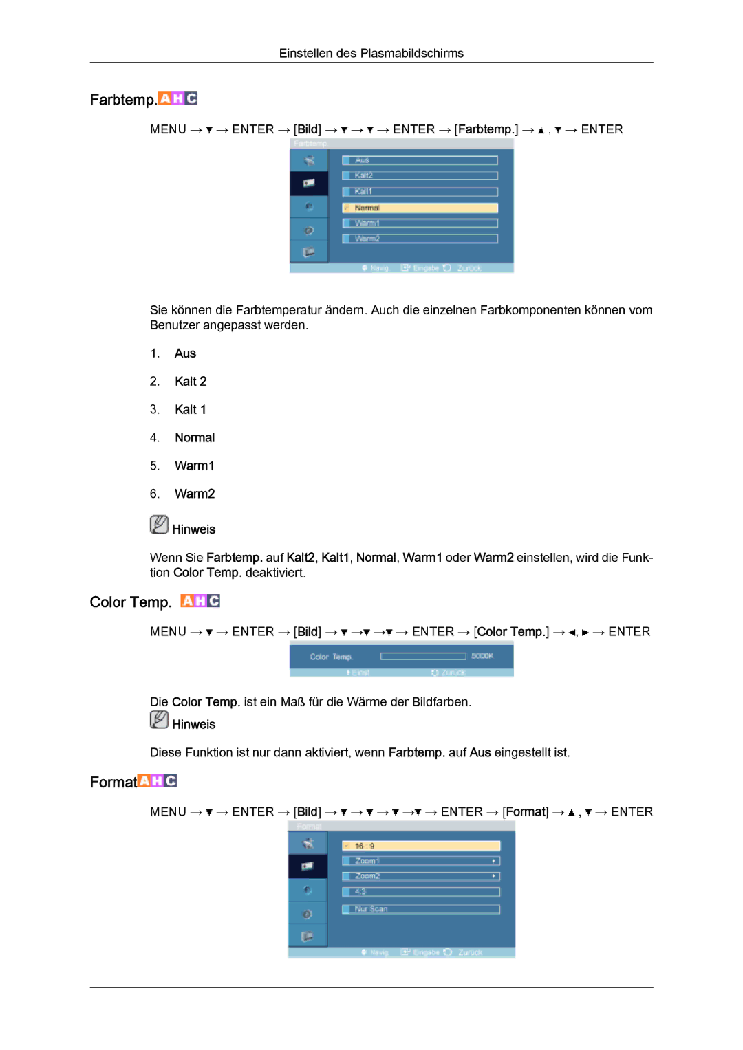 Samsung PH50KPPLBF/EN, PH63KPFLBF/EN, PH50KPFLBF/EN manual Farbtemp, Aus Kalt Normal Warm1 Warm2 Hinweis 
