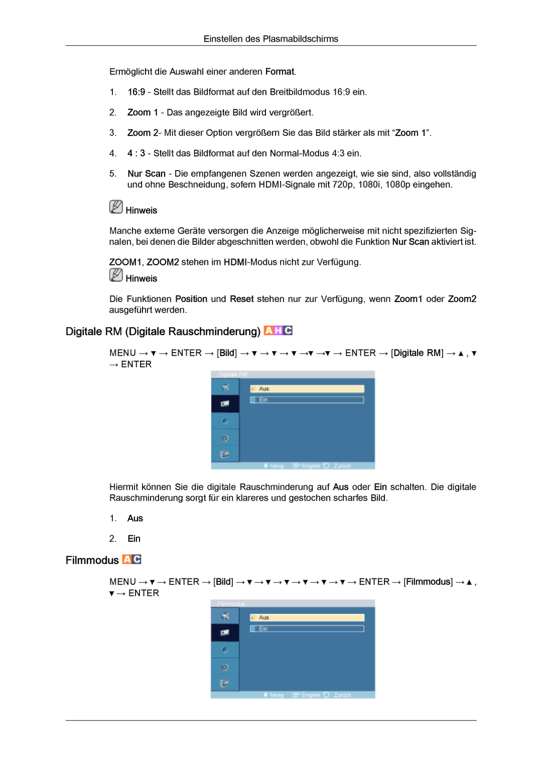 Samsung PH63KPFLBF/EN, PH50KPFLBF/EN, PH50KPPLBF/EN manual Digitale RM Digitale Rauschminderung, Filmmodus, Aus Ein 