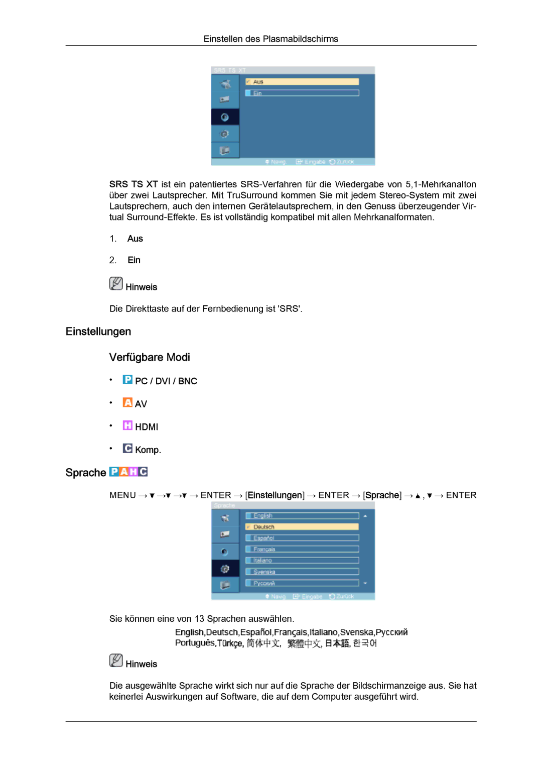 Samsung PH63KPFLBF/EN, PH50KPFLBF/EN, PH50KPPLBF/EN manual Einstellungen Verfügbare Modi, Sprache, Aus Ein Hinweis 