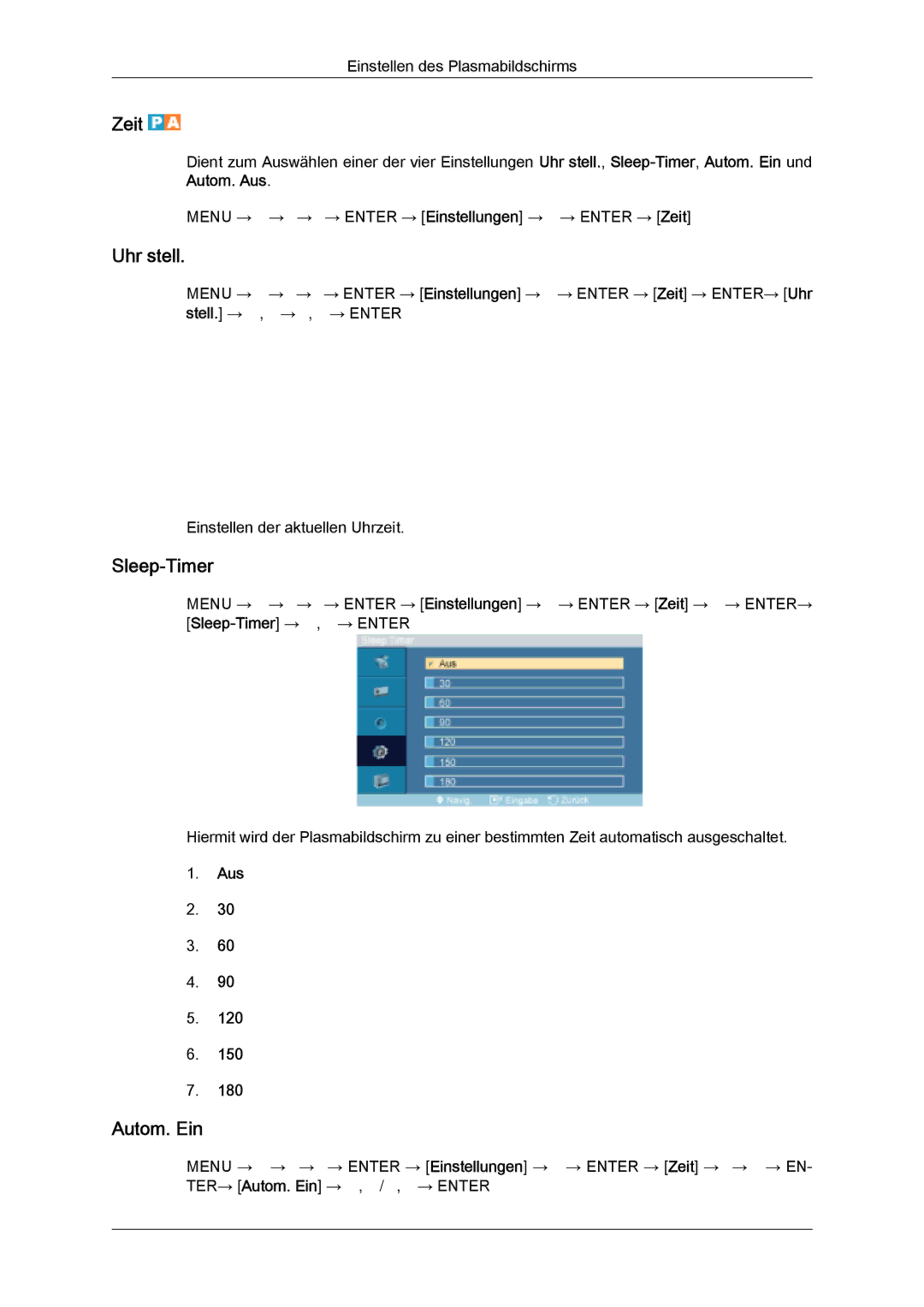 Samsung PH50KPFLBF/EN, PH63KPFLBF/EN, PH50KPPLBF/EN manual Zeit, Uhr stell, Sleep-Timer, Autom. Ein, Aus 