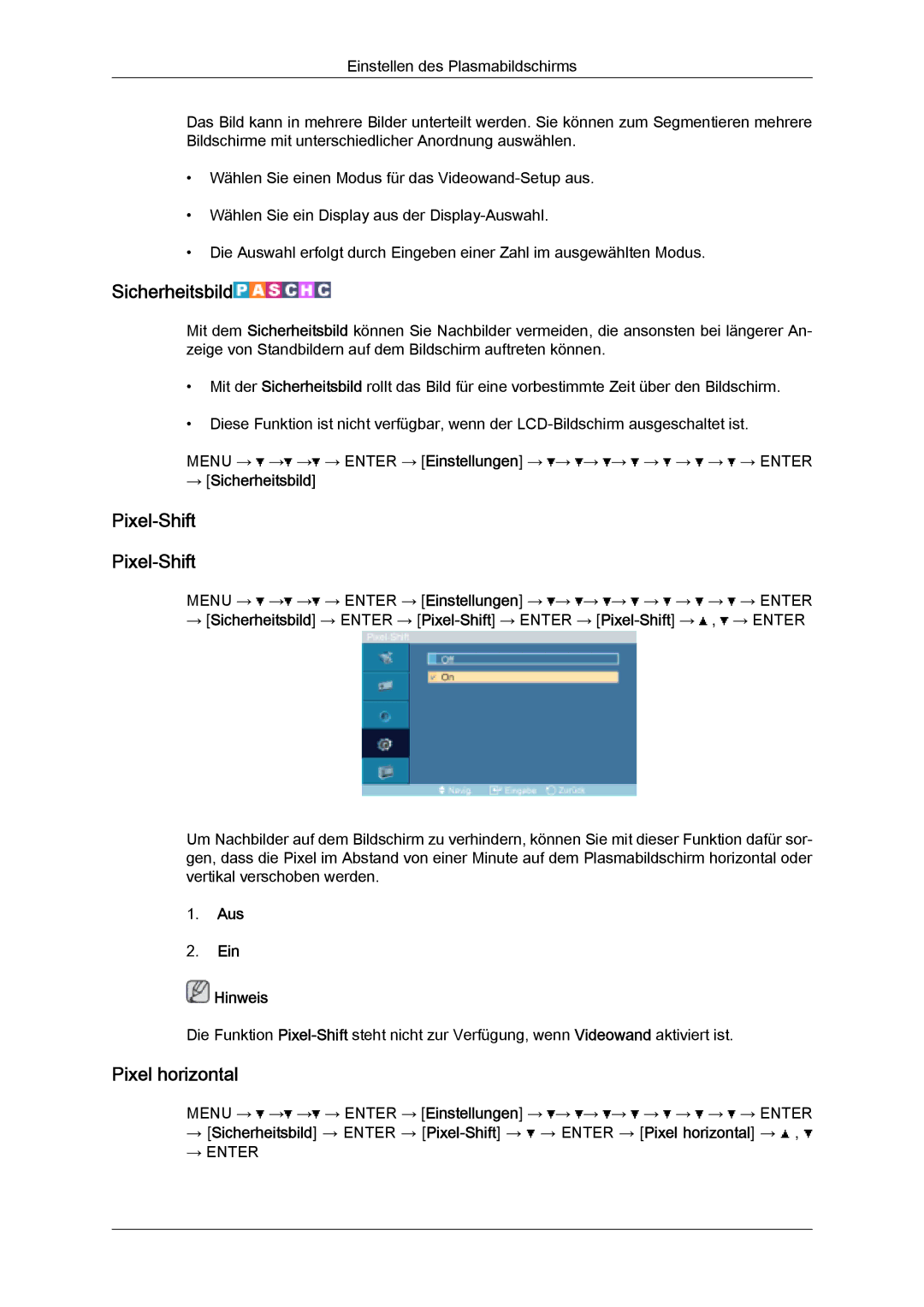 Samsung PH63KPFLBF/EN, PH50KPFLBF/EN, PH50KPPLBF/EN manual Pixel-Shift, Pixel horizontal, → Sicherheitsbild 