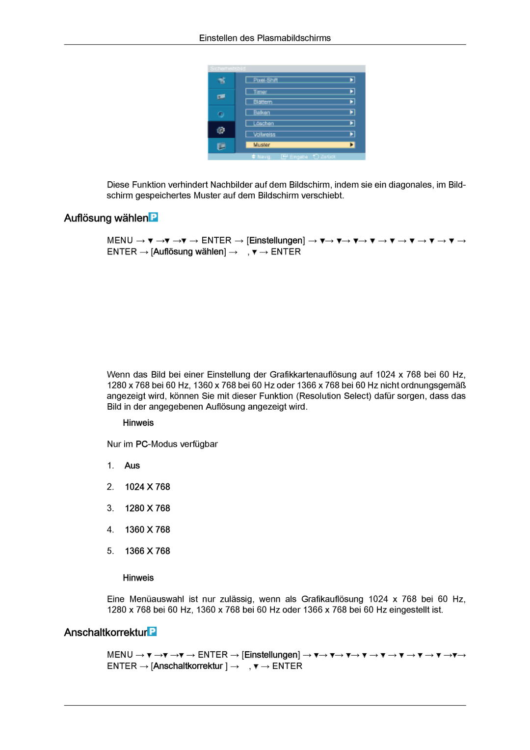 Samsung PH50KPPLBF/EN, PH63KPFLBF/EN manual Auflösung wählen, Anschaltkorrektur, Aus 1024 X 1280 X 1360 X 1366 X Hinweis 