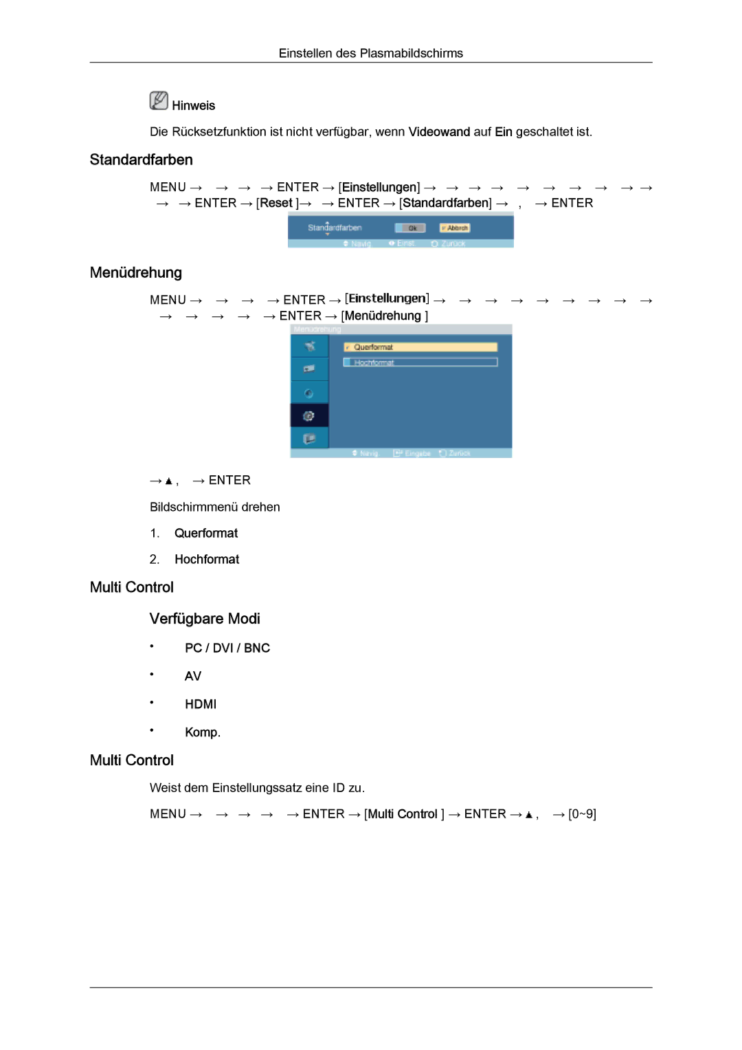 Samsung PH50KPFLBF/EN, PH63KPFLBF/EN Standardfarben, Menüdrehung, Multi Control Verfügbare Modi, Querformat Hochformat 