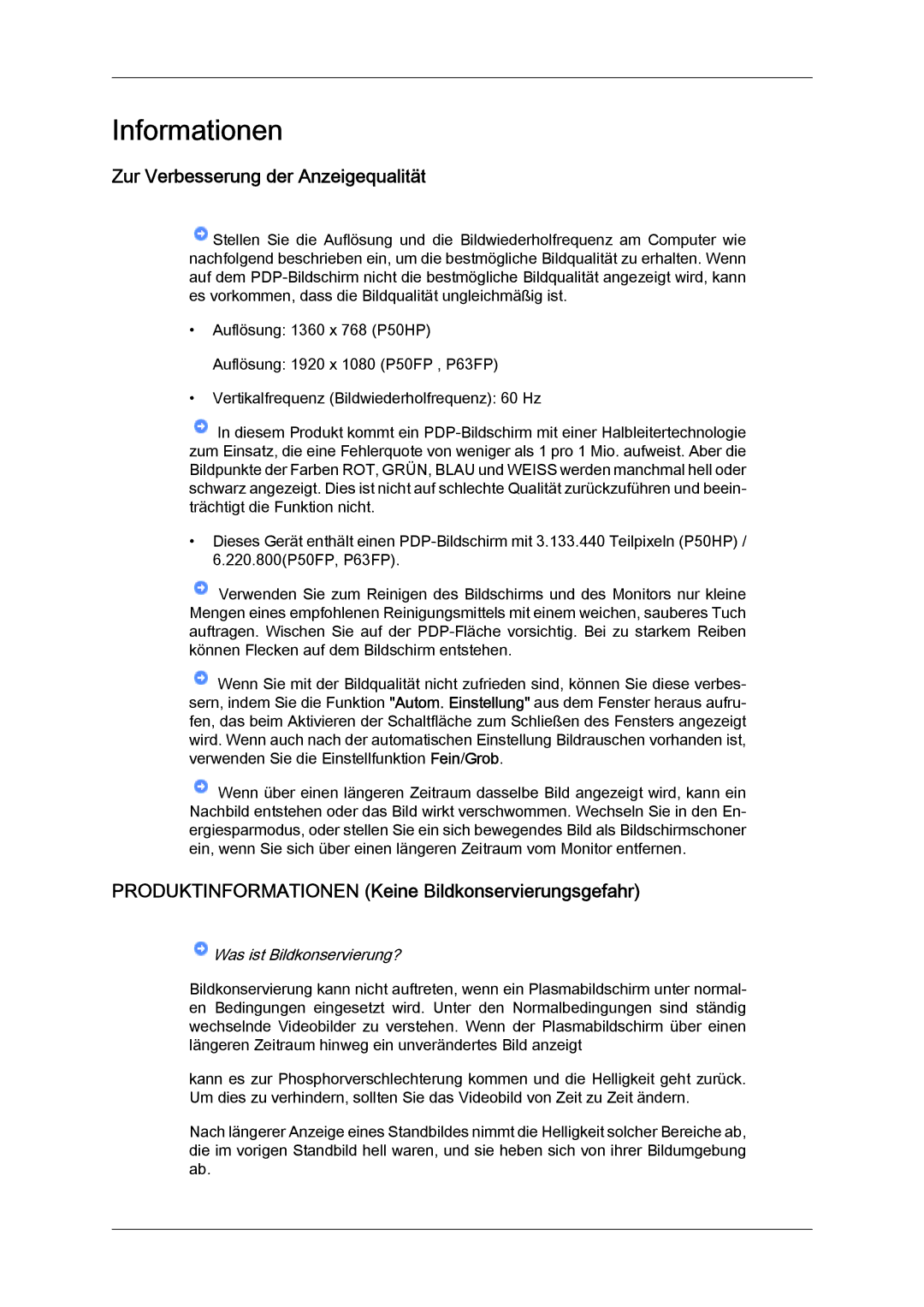 Samsung PH50KPPLBF/EN manual Zur Verbesserung der Anzeigequalität, Produktinformationen Keine Bildkonservierungsgefahr 