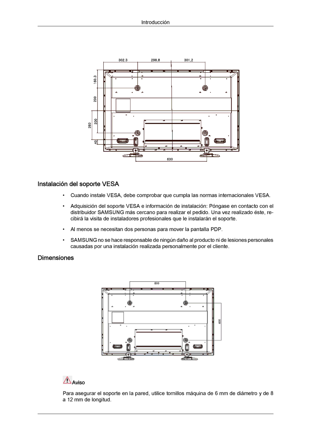 Samsung PH50KPPLBF/EN, PH63KPFLBF/EN, PH50KPFLBF/EN manual Instalación del soporte Vesa, Dimensiones, Aviso 