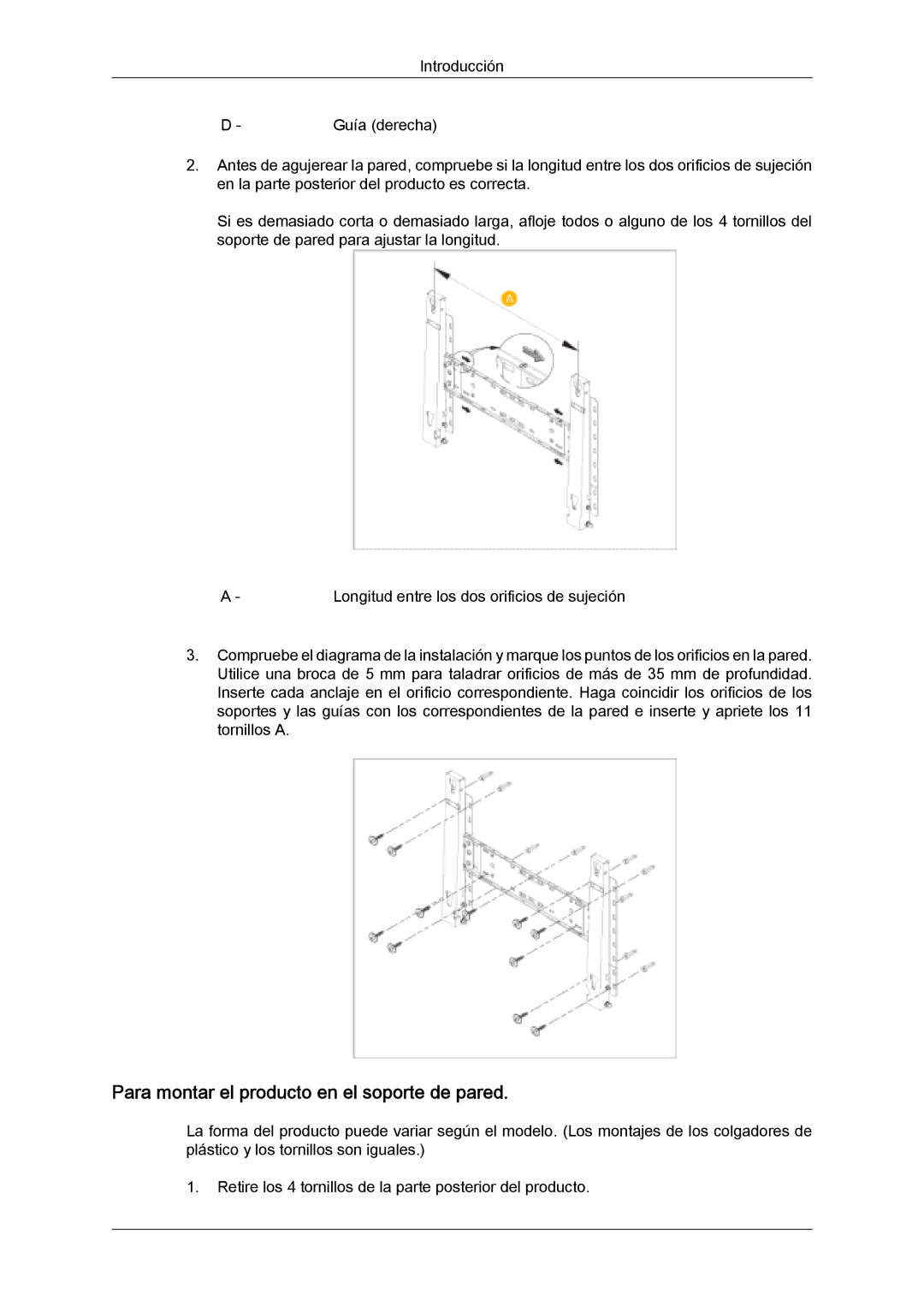 Samsung PH50KPFLBF/EN, PH63KPFLBF/EN, PH50KPPLBF/EN manual Para montar el producto en el soporte de pared 