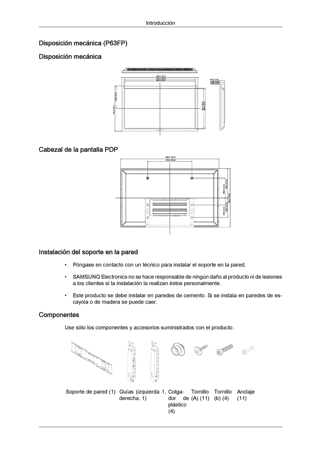 Samsung PH50KPFLBF/EN, PH63KPFLBF/EN, PH50KPPLBF/EN manual Componentes 