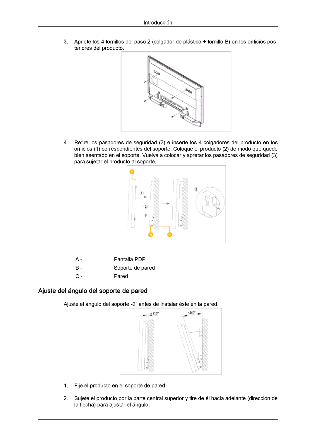 Samsung PH50KPFLBF/EN, PH63KPFLBF/EN, PH50KPPLBF/EN manual Ajuste del ángulo del soporte de pared 