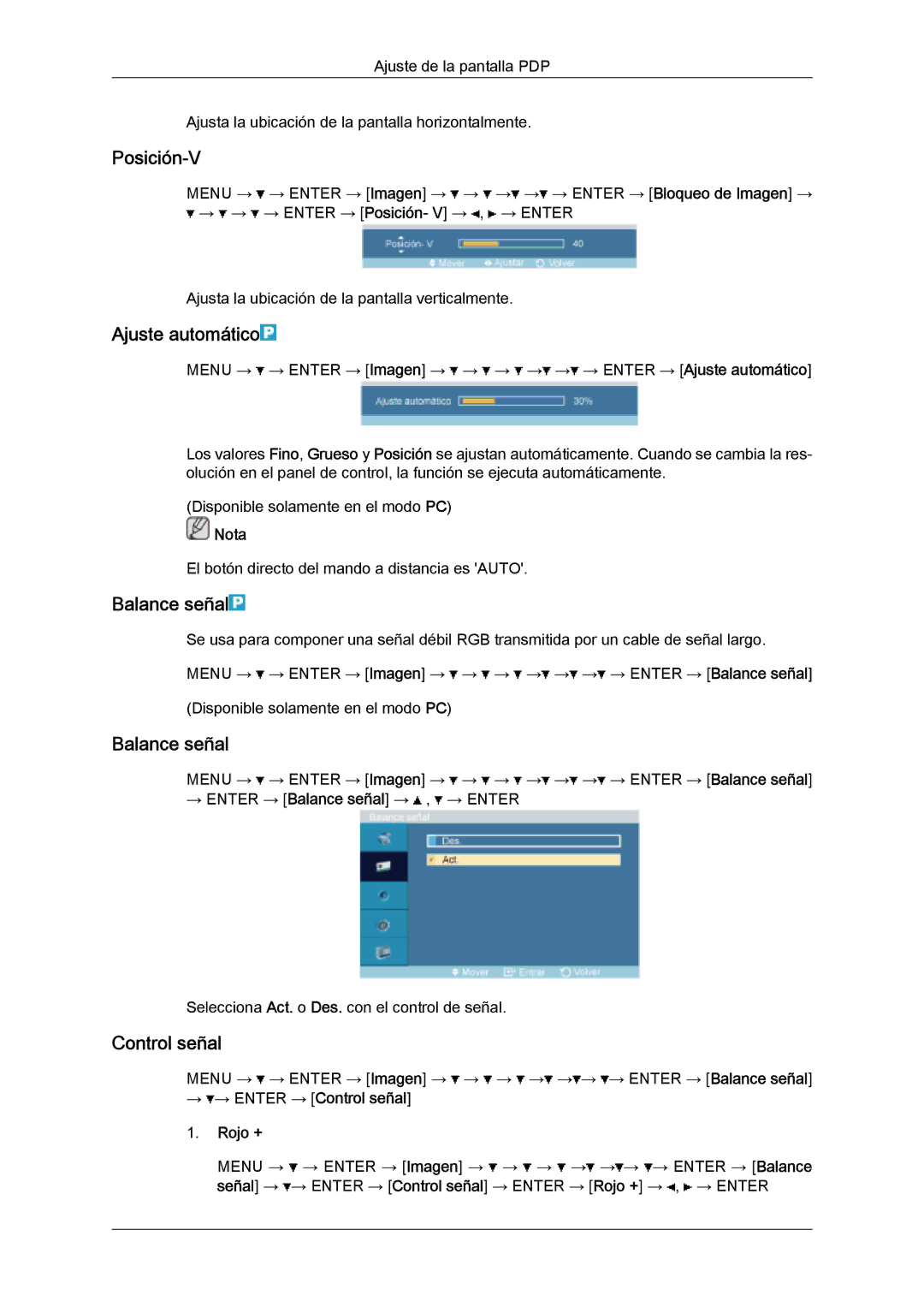 Samsung PH63KPFLBF/EN, PH50KPFLBF/EN Posición-V, Ajuste automático, Balance señal, → → Enter → Control señal Rojo + 