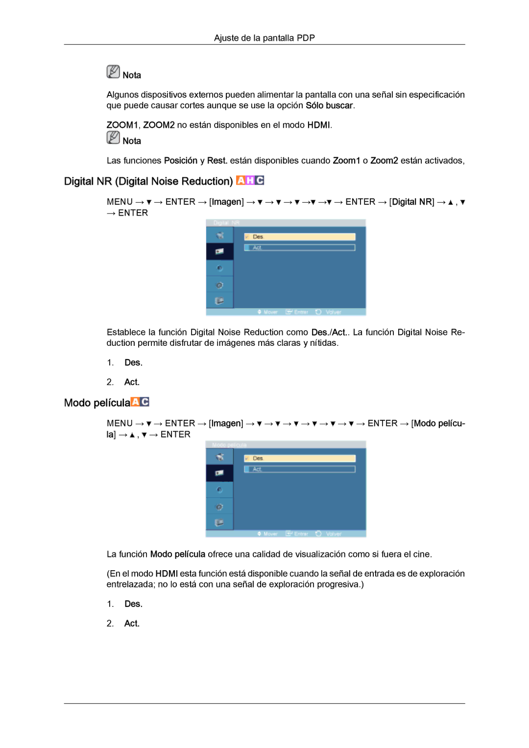 Samsung PH50KPPLBF/EN, PH63KPFLBF/EN, PH50KPFLBF/EN manual Digital NR Digital Noise Reduction, Modo película, Des Act 