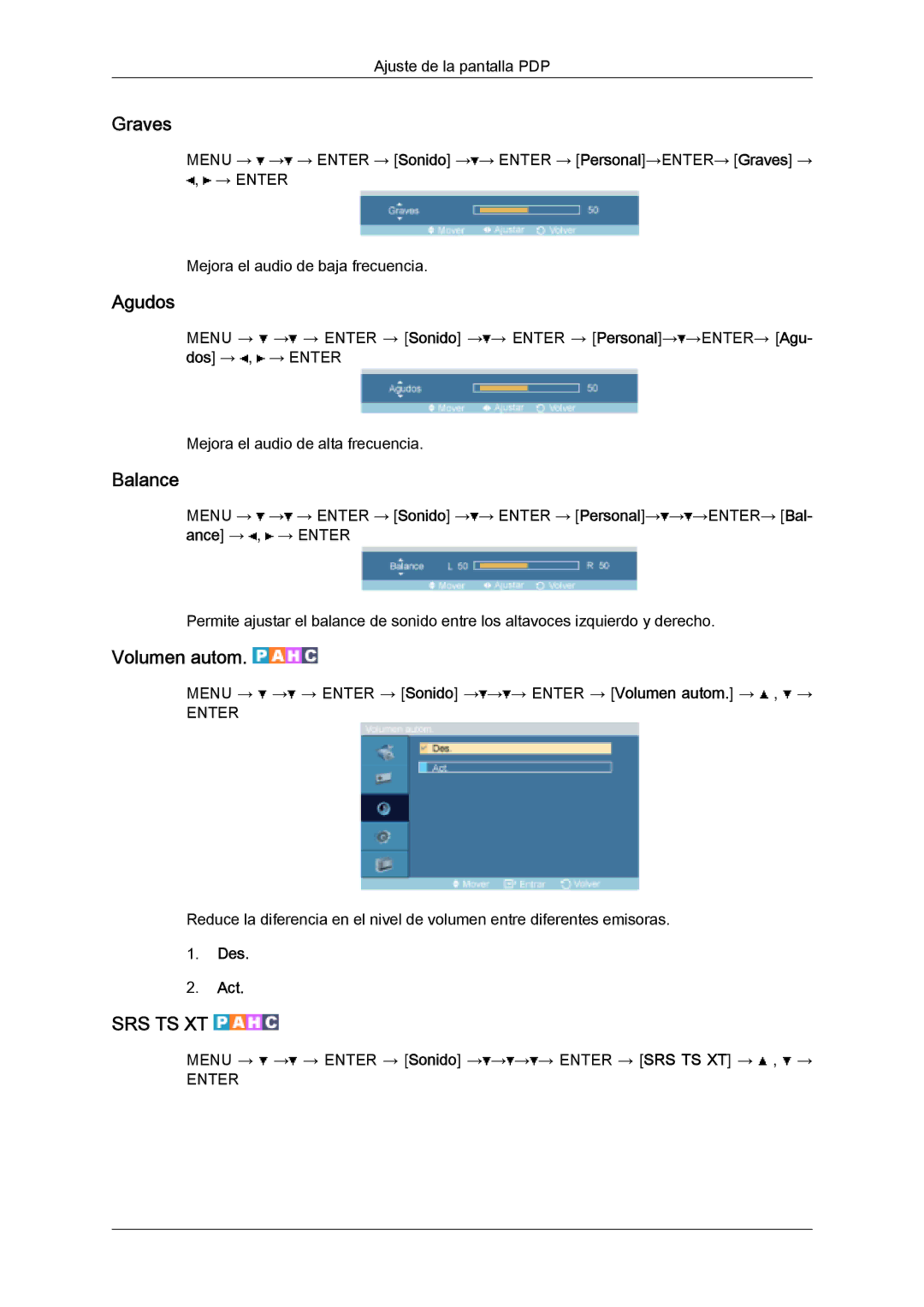 Samsung PH50KPFLBF/EN, PH63KPFLBF/EN, PH50KPPLBF/EN manual Graves, Agudos, Balance, Volumen autom 