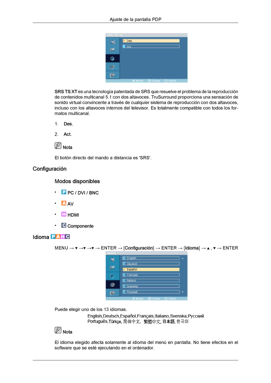 Samsung PH50KPPLBF/EN, PH63KPFLBF/EN, PH50KPFLBF/EN manual Configuración Modos disponibles, Idioma, Des Act Nota 