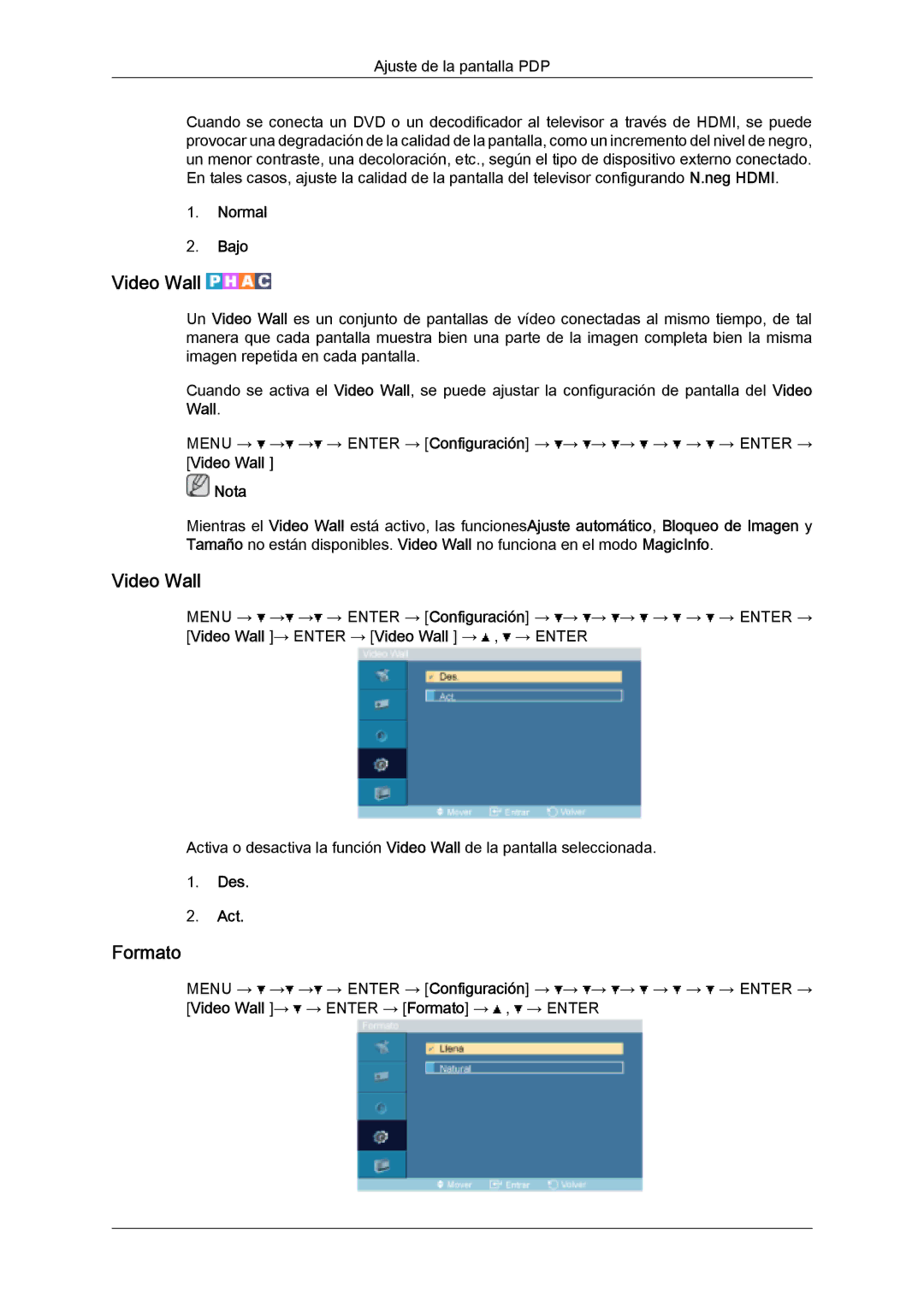 Samsung PH63KPFLBF/EN, PH50KPFLBF/EN, PH50KPPLBF/EN manual Video Wall, Formato, Normal Bajo 