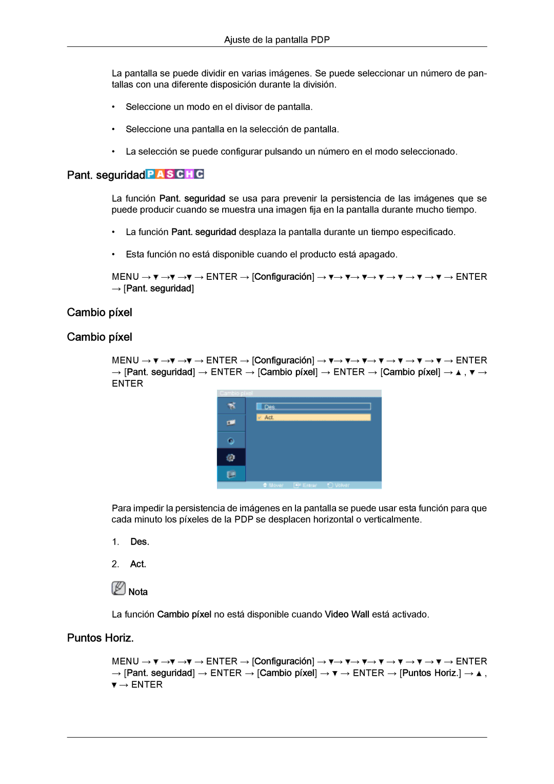 Samsung PH50KPPLBF/EN, PH63KPFLBF/EN, PH50KPFLBF/EN manual Cambio píxel, Puntos Horiz, → Pant. seguridad 