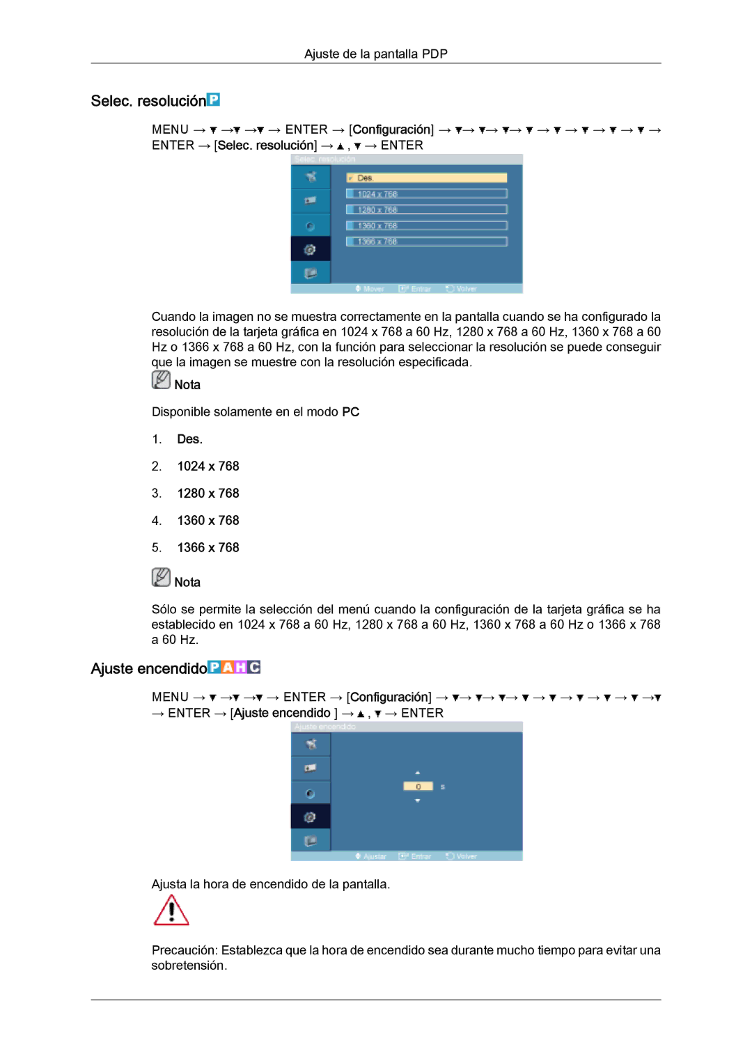 Samsung PH50KPFLBF/EN, PH63KPFLBF/EN manual Selec. resolución, Ajuste encendido, Des 1024 x 1280 x 1360 x 1366 x Nota 