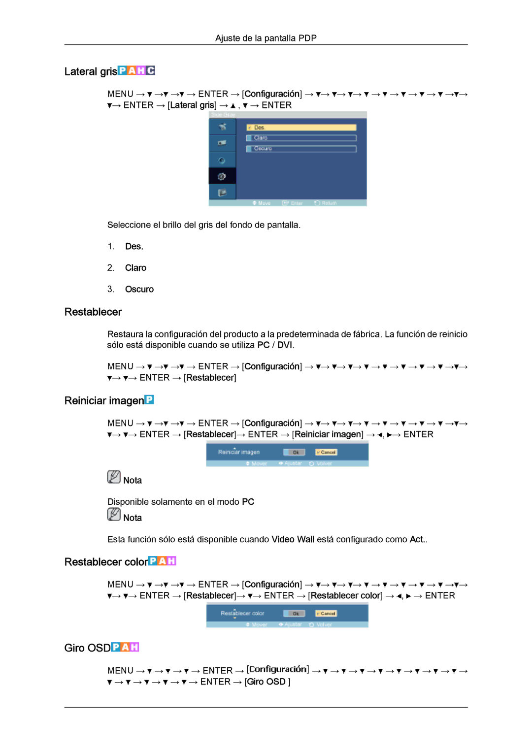 Samsung PH50KPPLBF/EN, PH63KPFLBF/EN, PH50KPFLBF/EN manual Lateral gris, Reiniciar imagen, Restablecer color, Giro OSD 