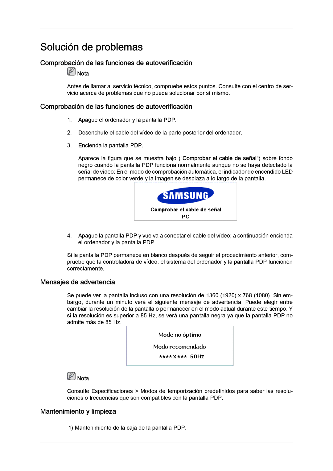 Samsung PH50KPFLBF/EN Comprobación de las funciones de autoverificación, Mensajes de advertencia, Mantenimiento y limpieza 