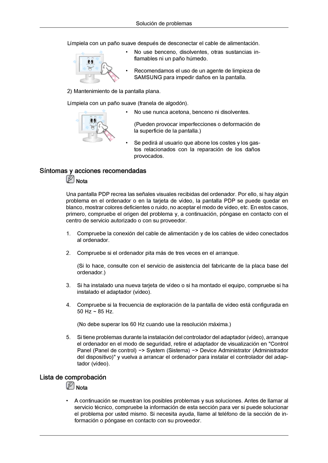 Samsung PH50KPPLBF/EN, PH63KPFLBF/EN, PH50KPFLBF/EN manual Síntomas y acciones recomendadas, Lista de comprobación 