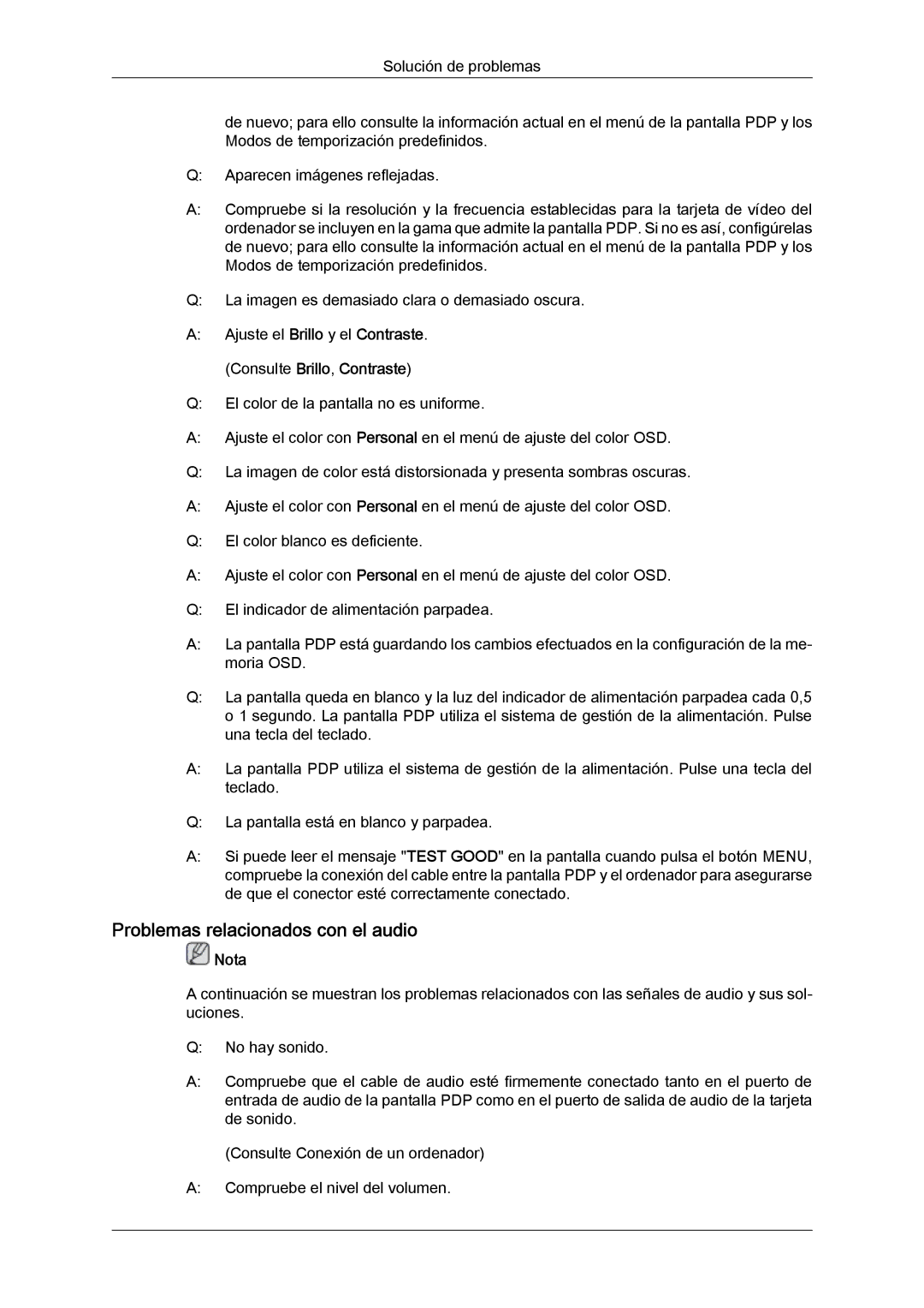 Samsung PH50KPFLBF/EN, PH63KPFLBF/EN, PH50KPPLBF/EN manual Problemas relacionados con el audio 