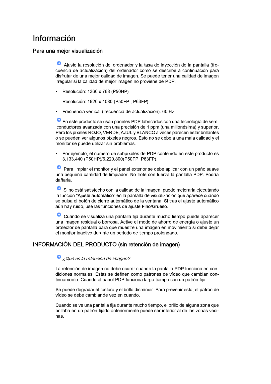 Samsung PH63KPFLBF/EN, PH50KPFLBF/EN manual Para una mejor visualización, Información DEL Producto sin retención de imagen 