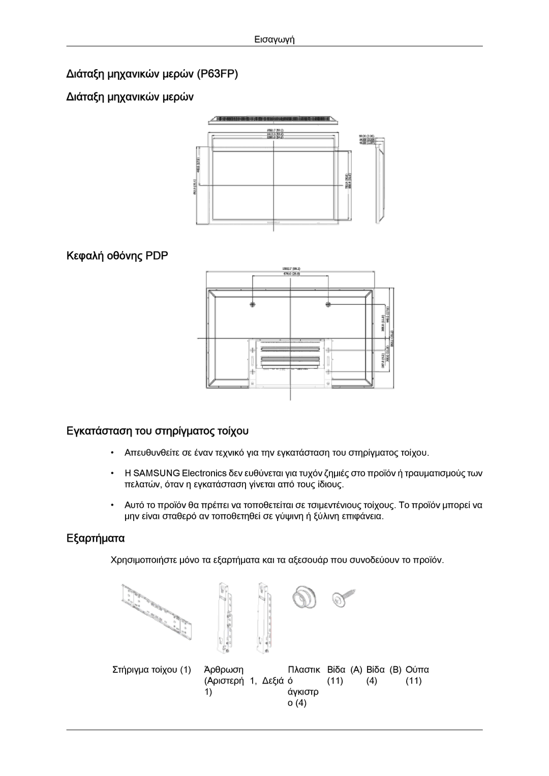 Samsung PH50KPPLBF/EN, PH63KPFLBF/EN, PH50KPFLBF/EN manual Κεφαλή οθόνης PDP Εγκατάσταση του στηρίγματος τοίχου, Εξαρτήματα 