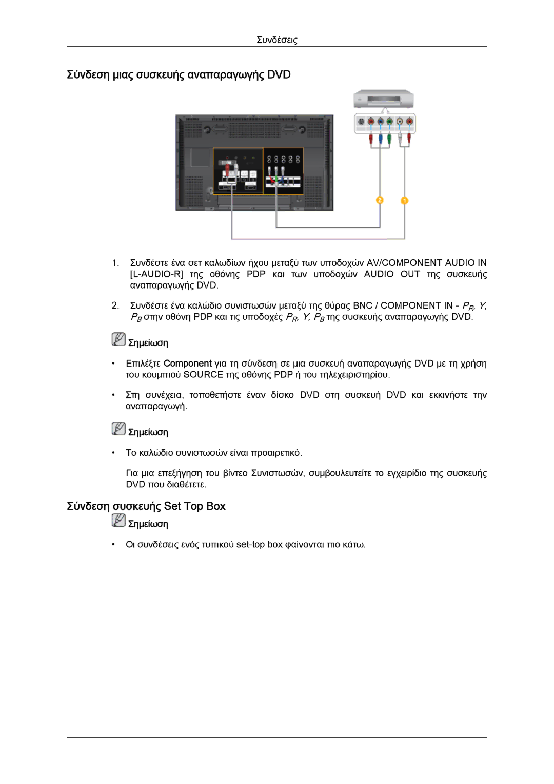 Samsung PH50KPFLBF/EN, PH63KPFLBF/EN, PH50KPPLBF/EN Σύνδεση μιας συσκευής αναπαραγωγής DVD, Σύνδεση συσκευής Set Top Box 