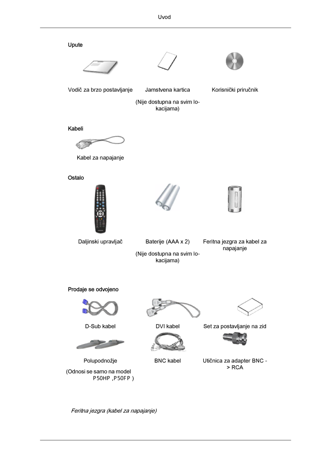 Samsung PH50KPFLBF/EN, PH63KPFLBF/EN, PH50KPPLBF/EN manual Upute, Kabeli, Ostalo, Prodaje se odvojeno 