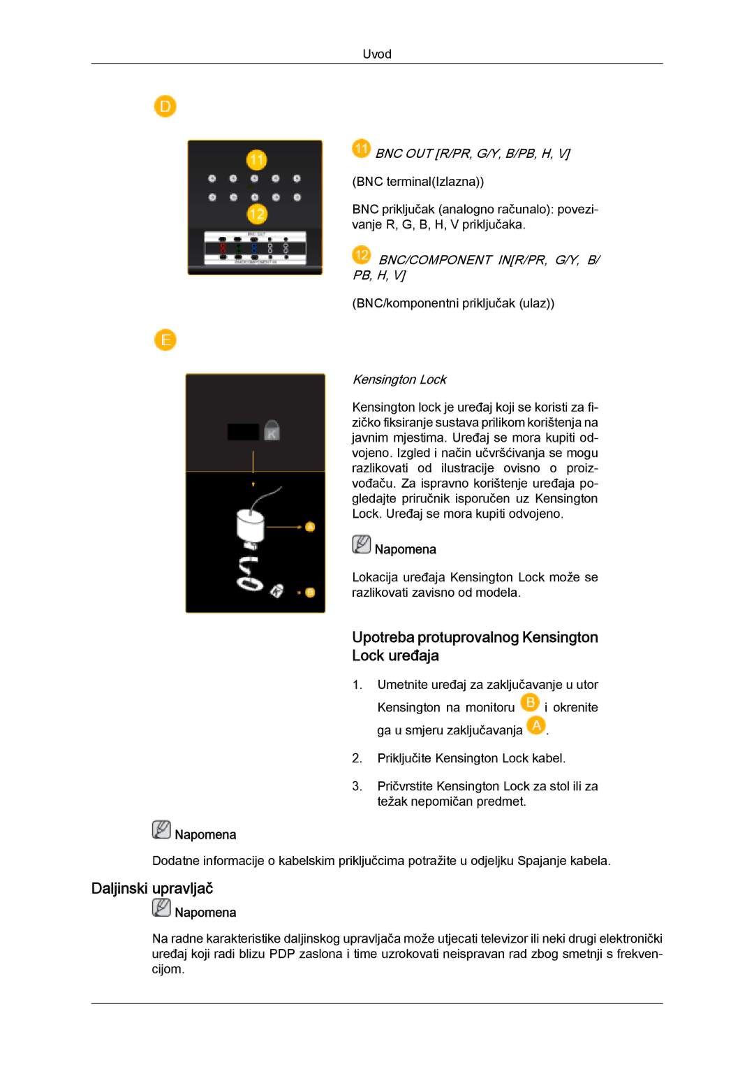 Samsung PH50KPPLBF/EN, PH63KPFLBF/EN, PH50KPFLBF/EN Upotreba protuprovalnog Kensington Lock uređaja, Daljinski upravljač 