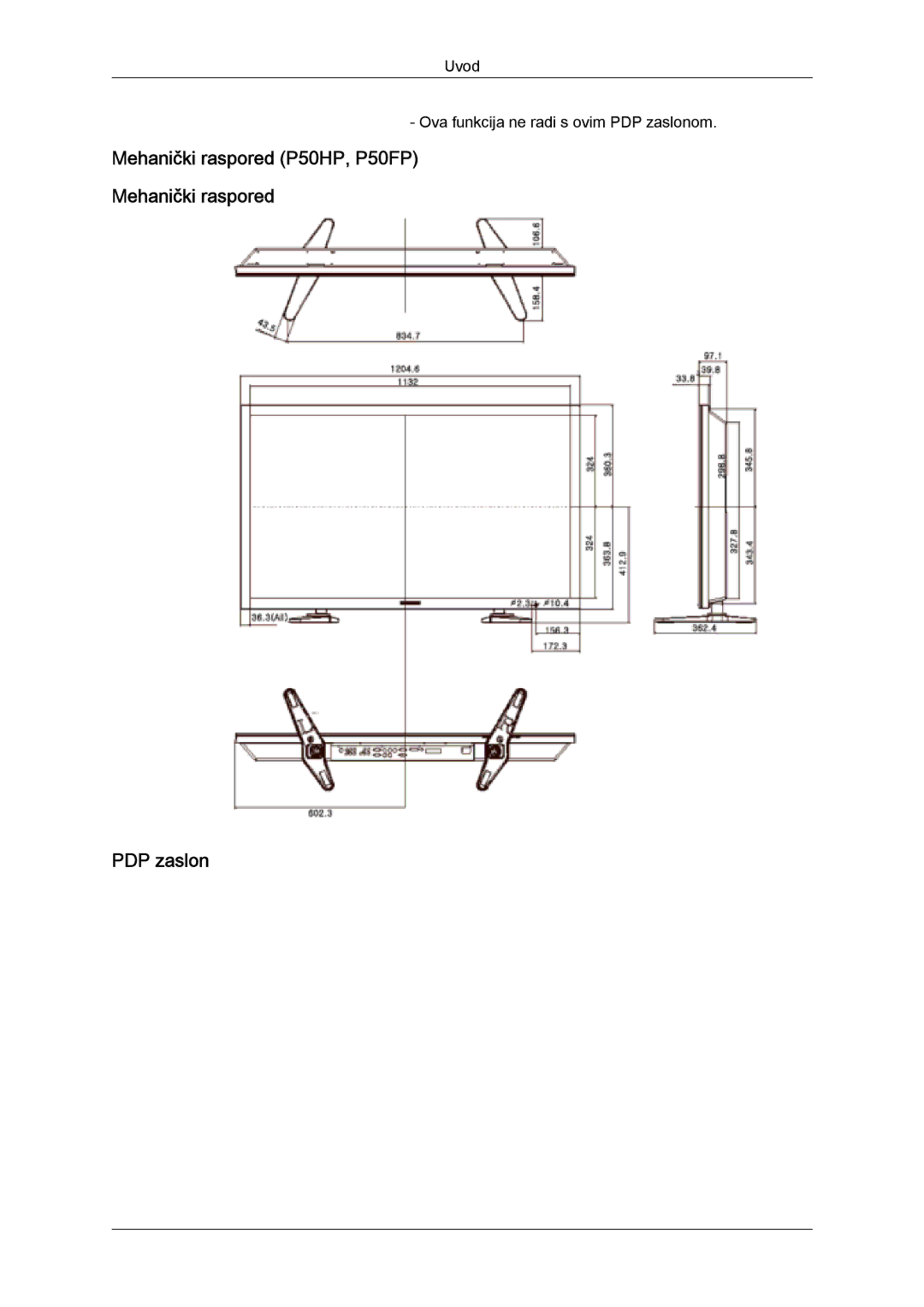 Samsung PH63KPFLBF/EN, PH50KPFLBF/EN, PH50KPPLBF/EN manual Mehanički raspored P50HP, P50FP PDP zaslon 