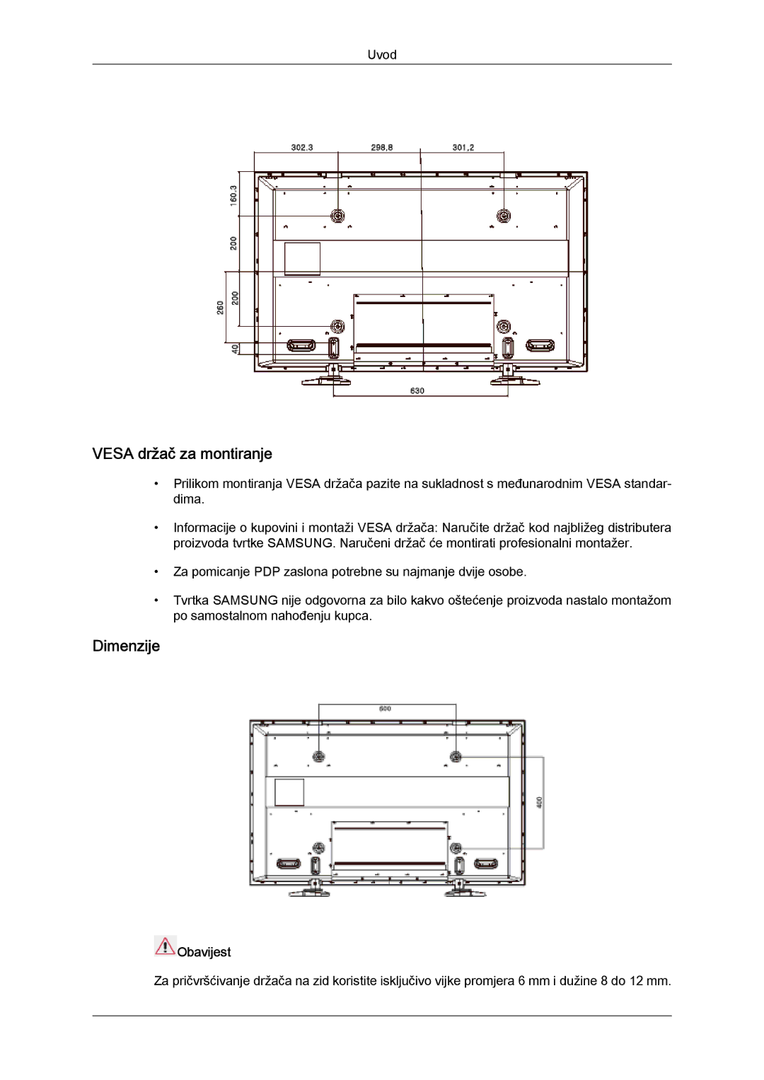 Samsung PH50KPFLBF/EN, PH63KPFLBF/EN, PH50KPPLBF/EN manual Vesa držač za montiranje, Dimenzije, Obavijest 