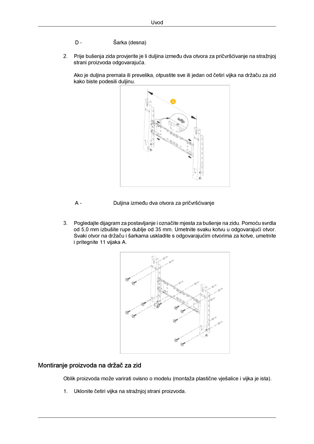 Samsung PH63KPFLBF/EN, PH50KPFLBF/EN, PH50KPPLBF/EN manual Montiranje proizvoda na držač za zid 