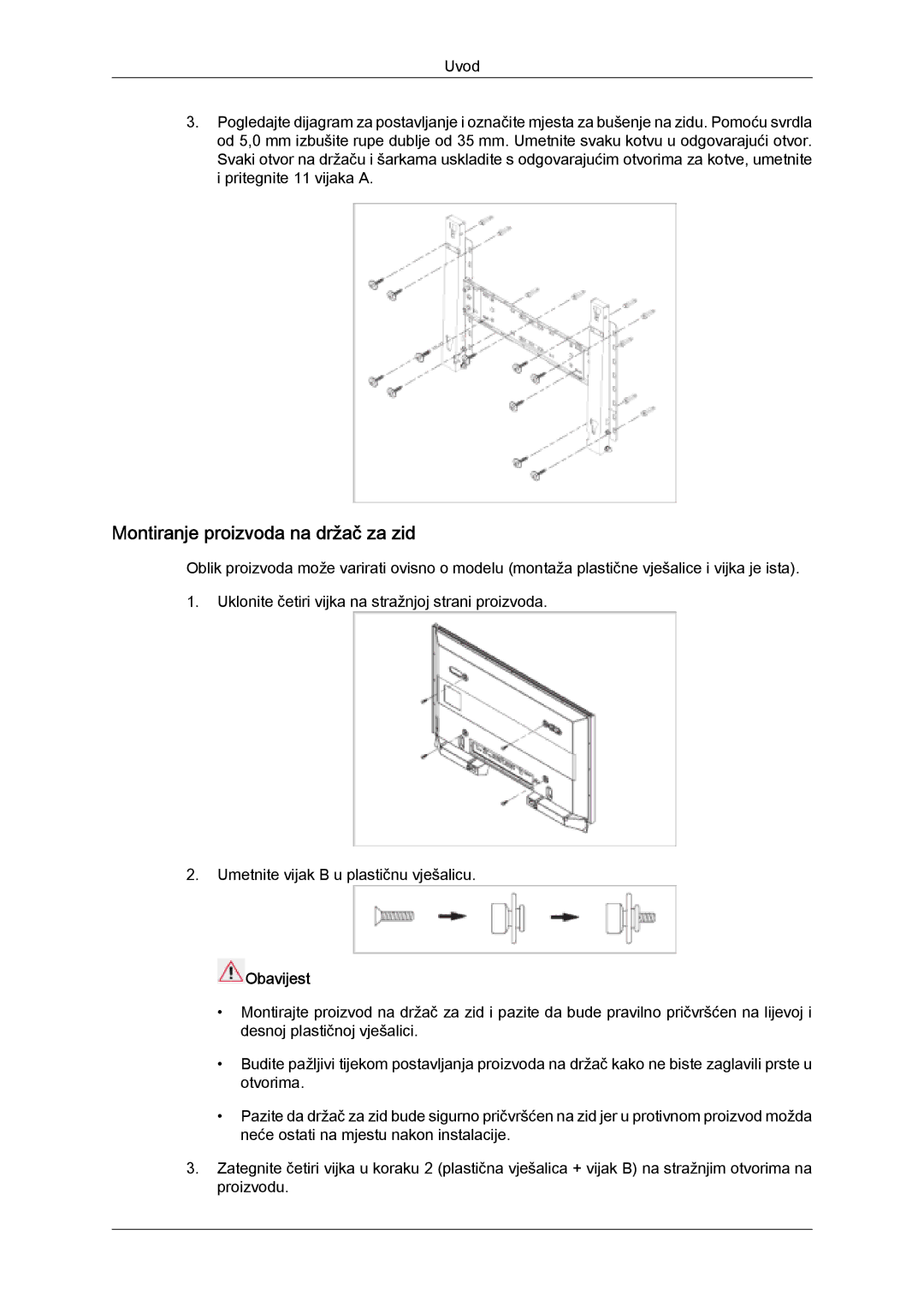 Samsung PH50KPPLBF/EN, PH63KPFLBF/EN, PH50KPFLBF/EN manual Montiranje proizvoda na držač za zid 