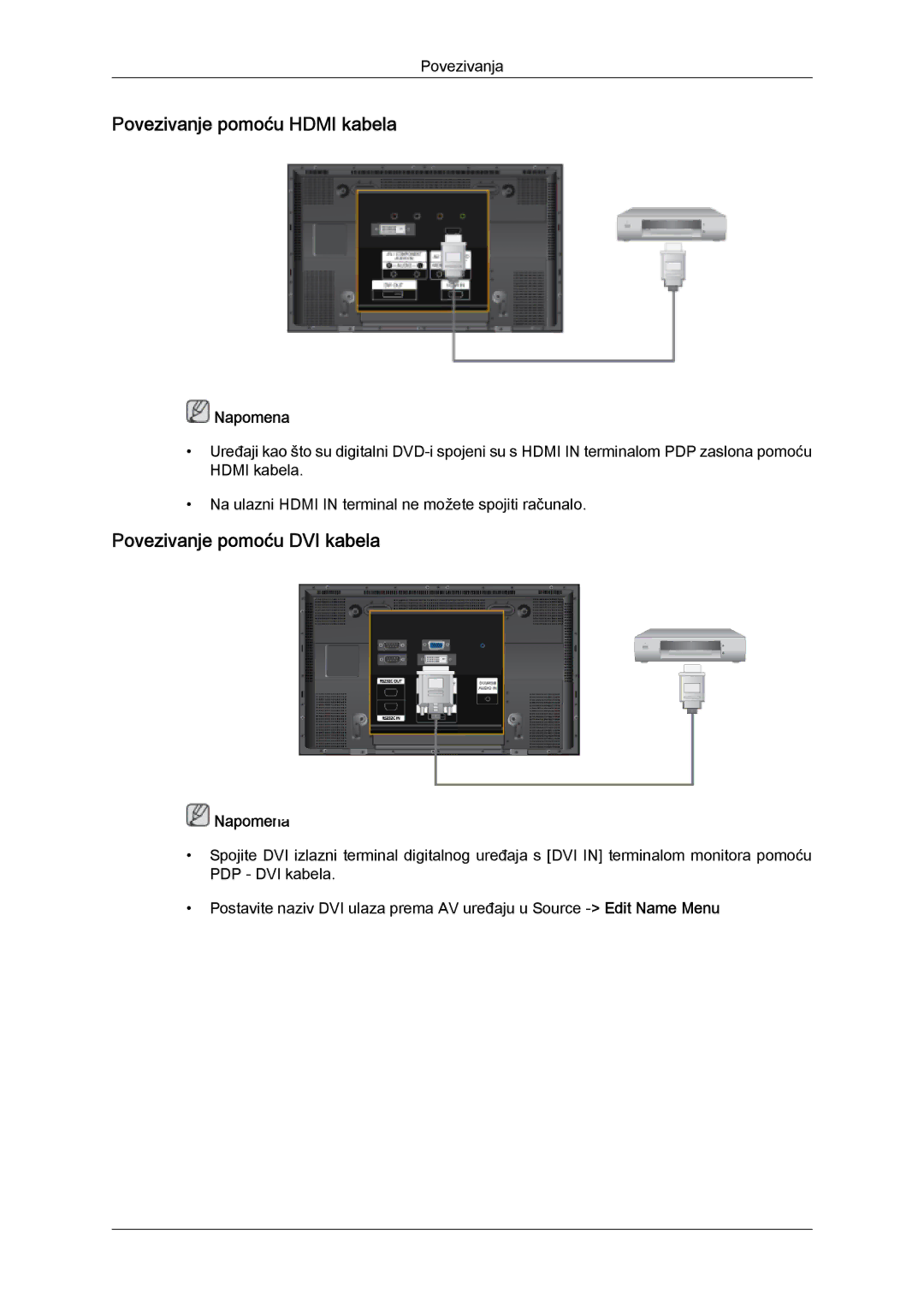 Samsung PH63KPFLBF/EN, PH50KPFLBF/EN, PH50KPPLBF/EN manual Povezivanje pomoću Hdmi kabela, Povezivanje pomoću DVI kabela 