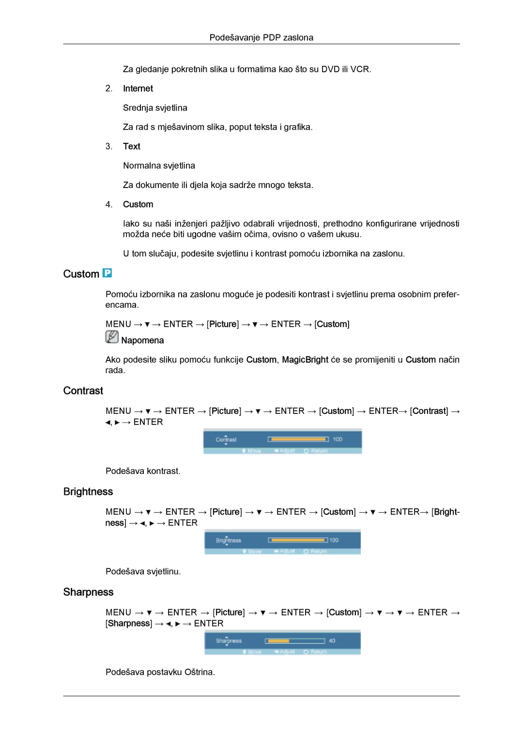 Samsung PH50KPPLBF/EN, PH63KPFLBF/EN, PH50KPFLBF/EN manual Custom, Contrast, Brightness, Sharpness 