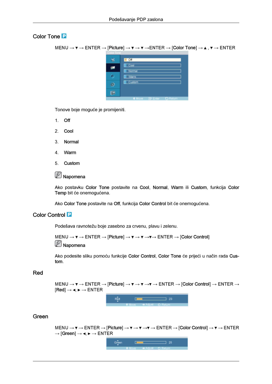 Samsung PH63KPFLBF/EN, PH50KPFLBF/EN manual Color Tone, Color Control, Red, Green, Off Cool Normal Warm Custom Napomena 