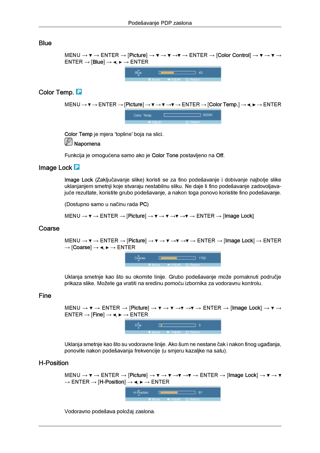 Samsung PH50KPFLBF/EN, PH63KPFLBF/EN, PH50KPPLBF/EN manual Blue, Color Temp, Image Lock, Coarse, Fine, Position 