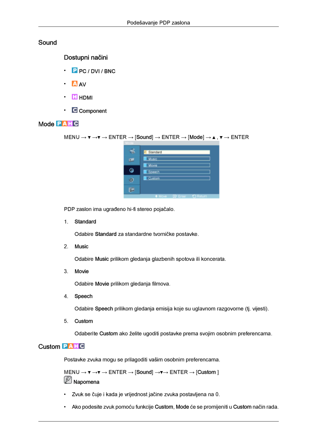 Samsung PH50KPPLBF/EN, PH63KPFLBF/EN, PH50KPFLBF/EN manual Sound Dostupni načini, Music, Speech 