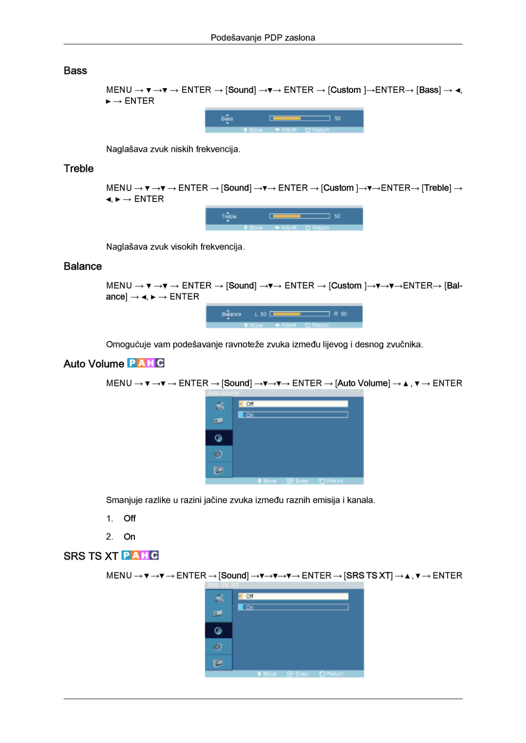 Samsung PH63KPFLBF/EN, PH50KPFLBF/EN, PH50KPPLBF/EN manual Bass, Treble, Balance, Auto Volume 
