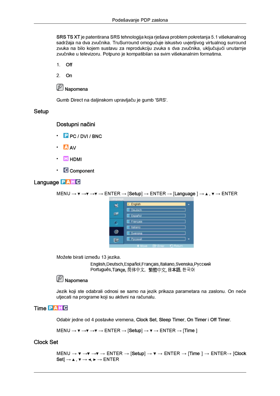 Samsung PH50KPFLBF/EN, PH63KPFLBF/EN, PH50KPPLBF/EN manual Setup Dostupni načini, Language, Time, Clock Set, Off Napomena 