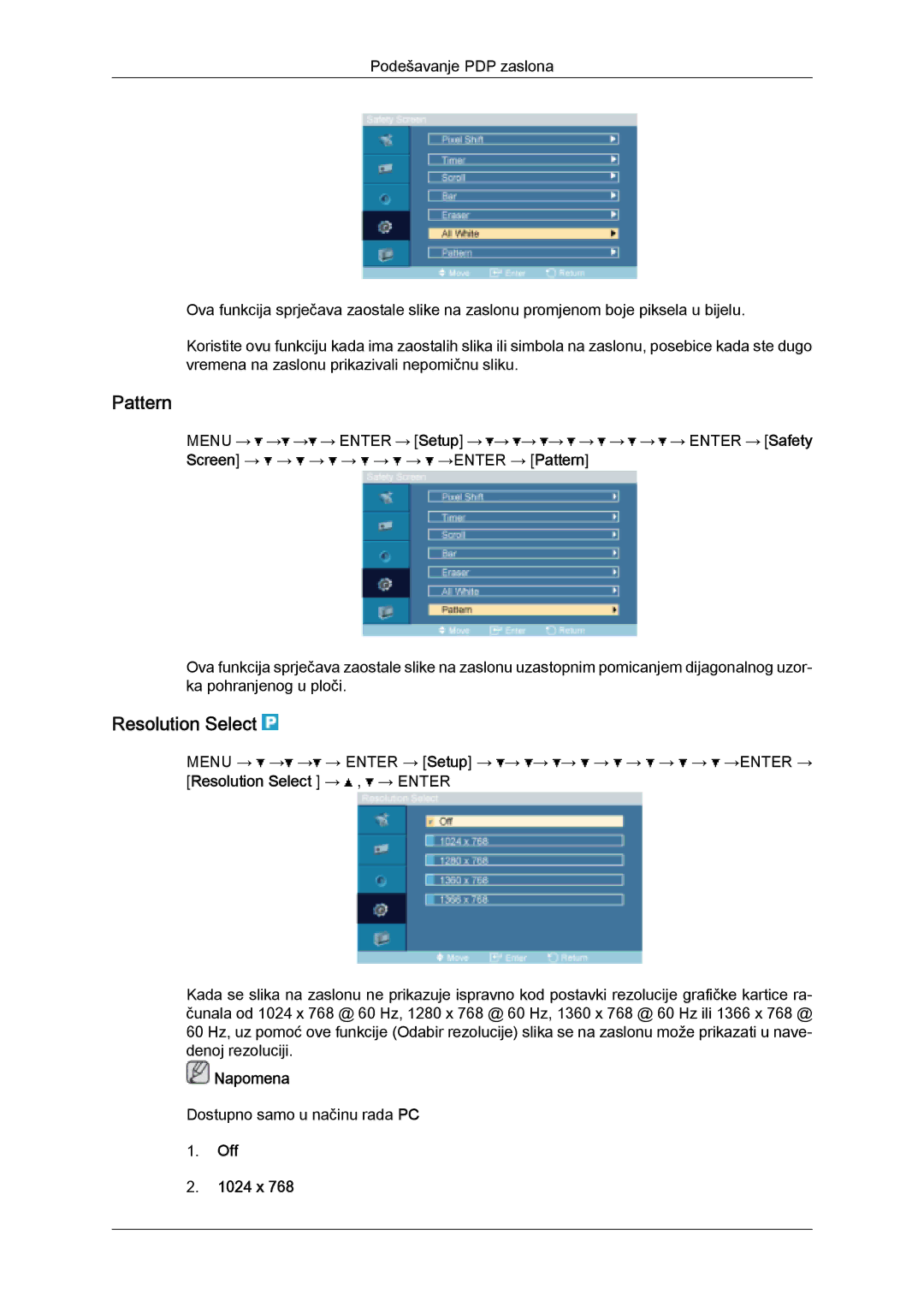 Samsung PH50KPPLBF/EN, PH63KPFLBF/EN, PH50KPFLBF/EN manual Pattern, Resolution Select, Off 1024 x 